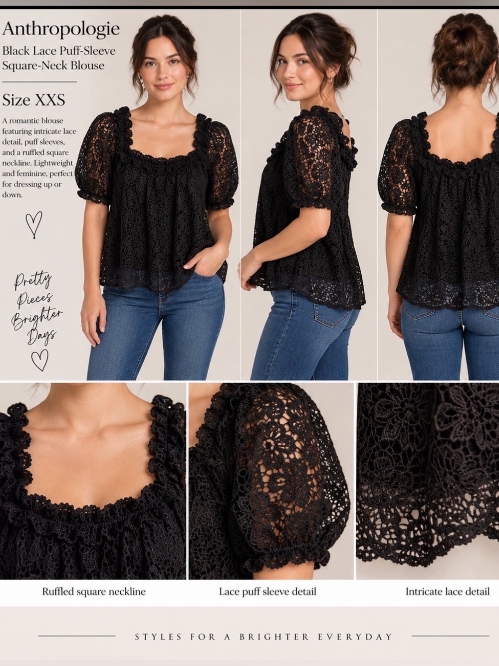 Anthropologie Black Lace Puff-Sleeve Square-Neck Blouse